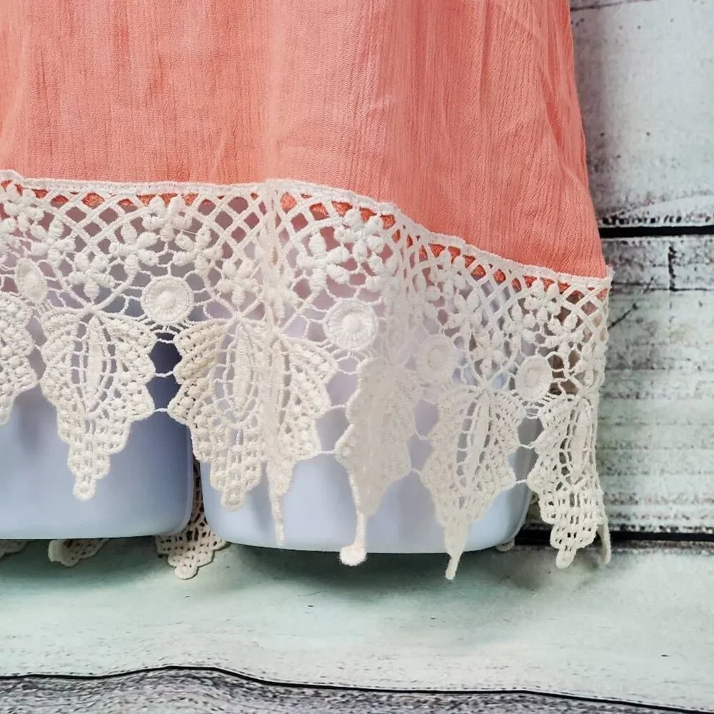 Vanity L Peach Tank Top with Crochet Lace Hem Boho Sleeveless Flowy Blouse